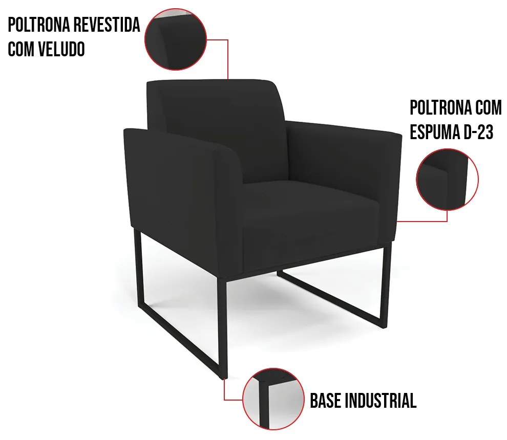 Poltrona Base Industrial Preto Marisa Veludo - Preto