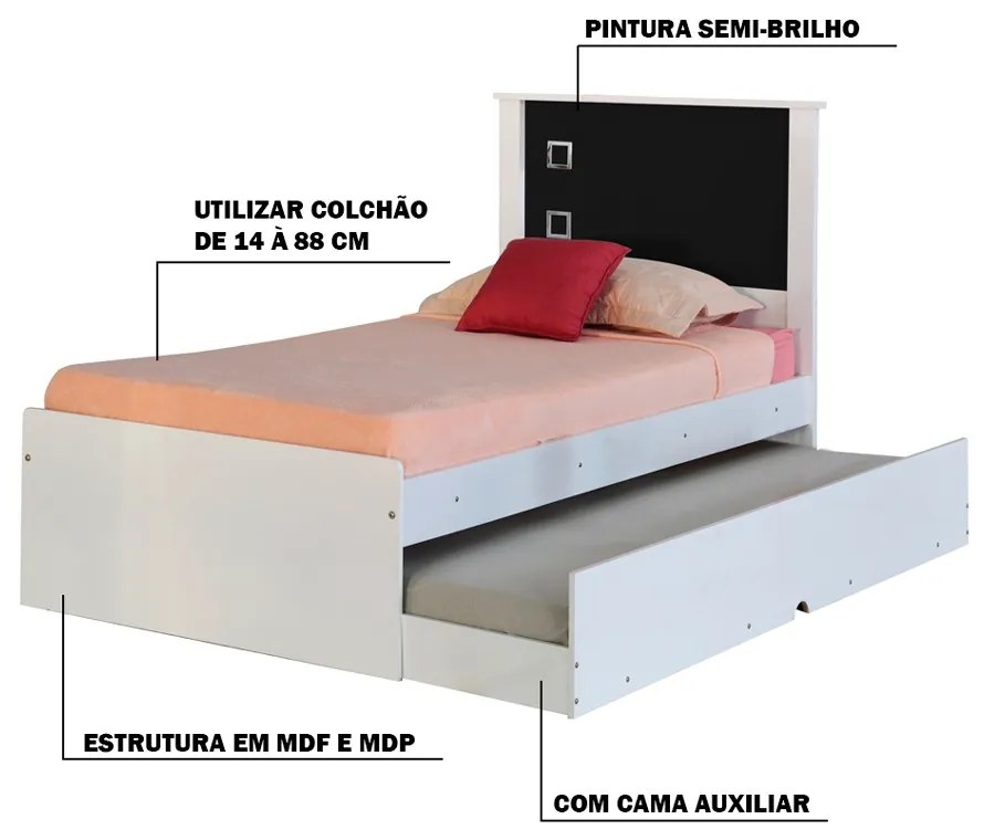 Cama Bibox Solteiro Reino Branco/Preto G68 - Gran Belo