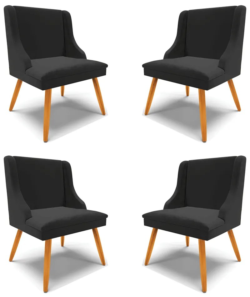Kit 4 Cadeiras Decorativas Sala de Jantar Pés Palito de Madeira Firenze Veludo Preto/Natural G19 - Gran Belo
