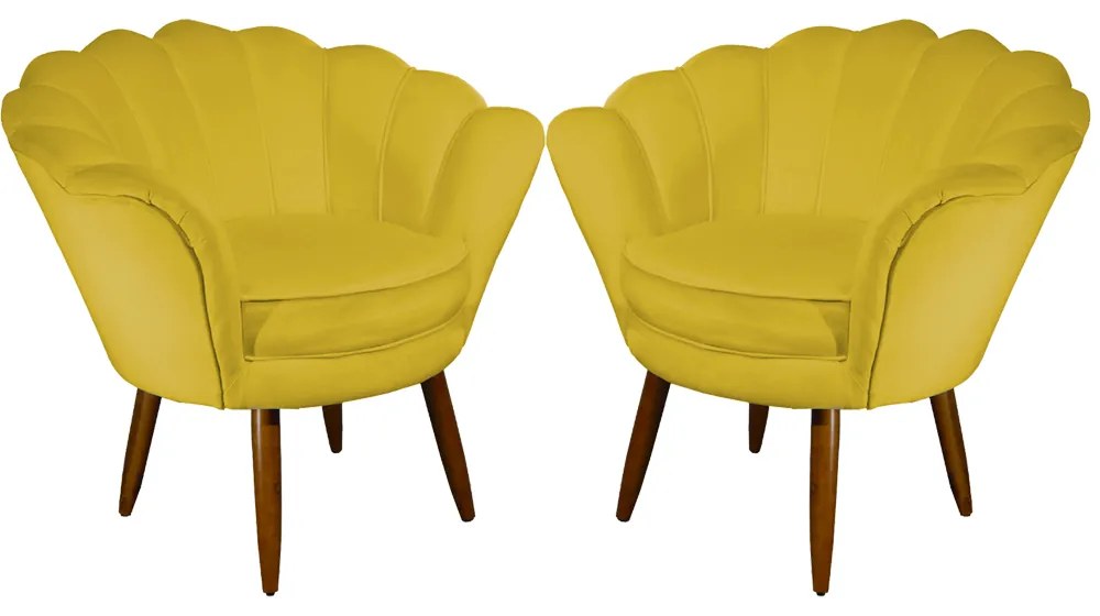 Kit 2 Poltronas Decorativas Pétala Pés Palito Suede Amarelo - Sheep Estofados