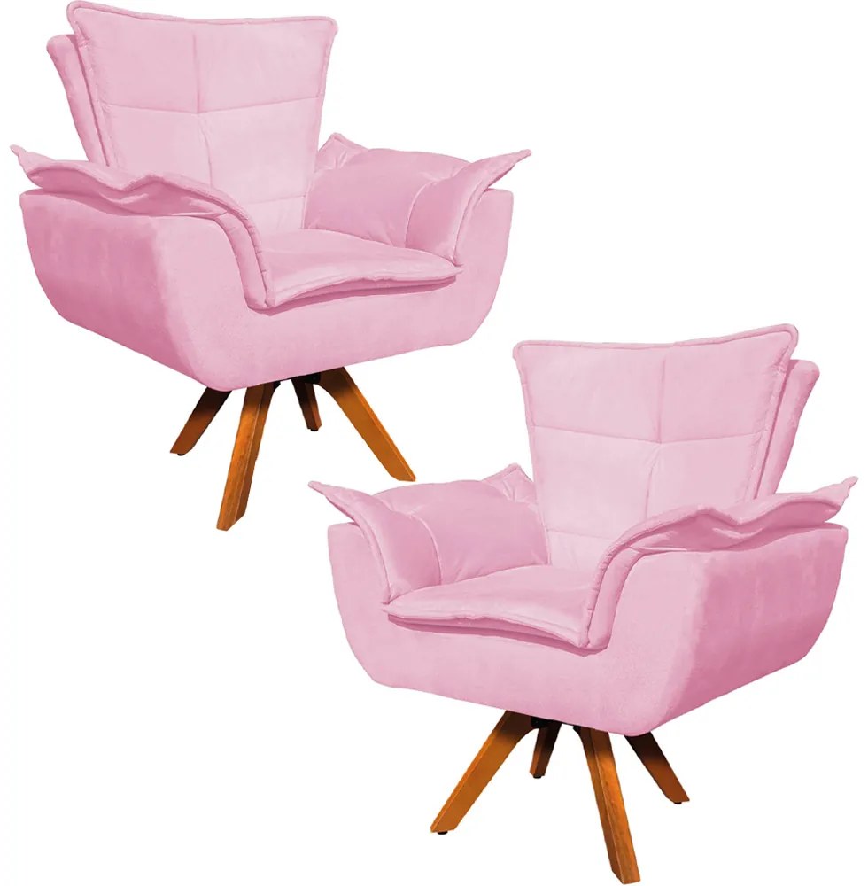 Kit 2 Poltronas Decorativas Base Giratória em Madeira Charger Suede Rosa G19 - Gran Belo