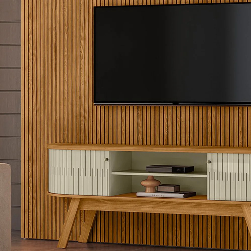 Painel TV 75 Pol 238cm Ripado Kalven com Rack Bancada Enzari Cumaru/Opala M20 - D'Rossi