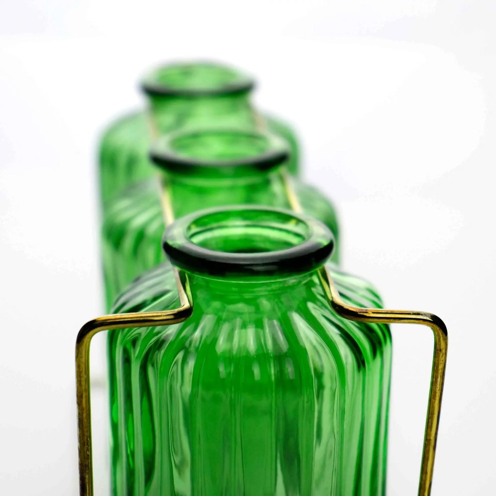 Kit Com 3 Vasos de Vidro Verde Com Suporte Dourado 13x21 Cm F04 - D'Rossi