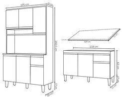 Cozinha Compacta Márcia e Balcão Gabinete Com Tampo Tatiane 120cm Cinz