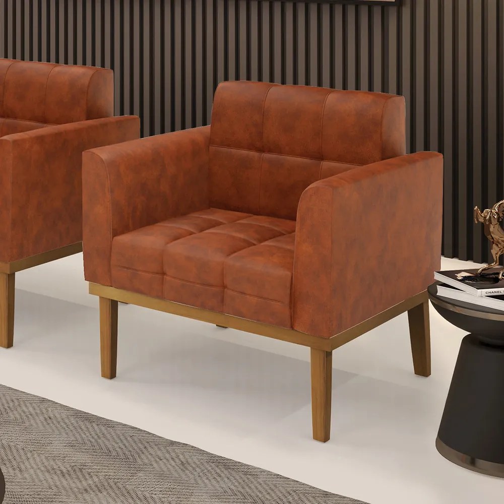 Poltrona Decorativa Karen Pés Fixo em Madeira Castanho Pu Nozes G19 - Gran Belo