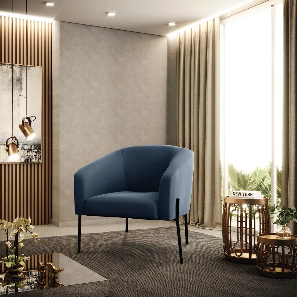 Poltrona Decorativa Pé de Ferro Preto Stella Suede Azul Marinho D03 - D'Rossi