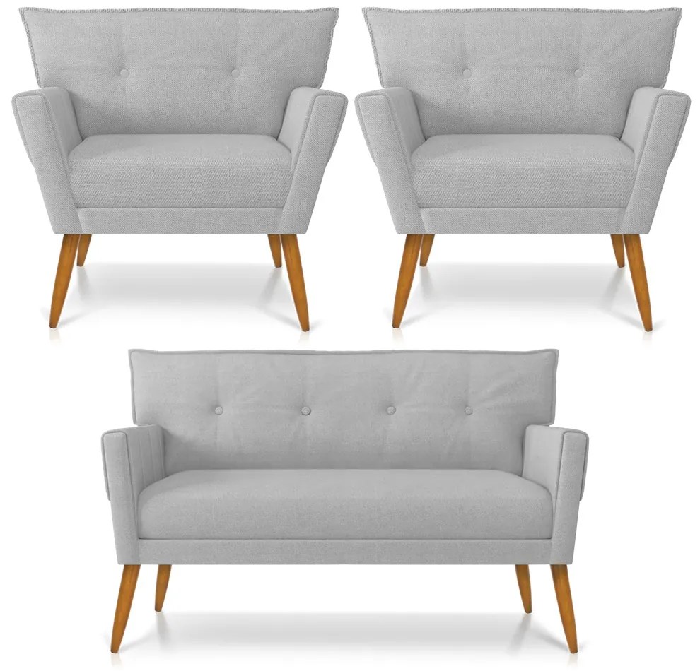 Kit 01 Namoradeira 02 Lugares e 02 Poltronas Anitta Linho Cinza A05 Pés Palito Castanho D03 - D'Rossi