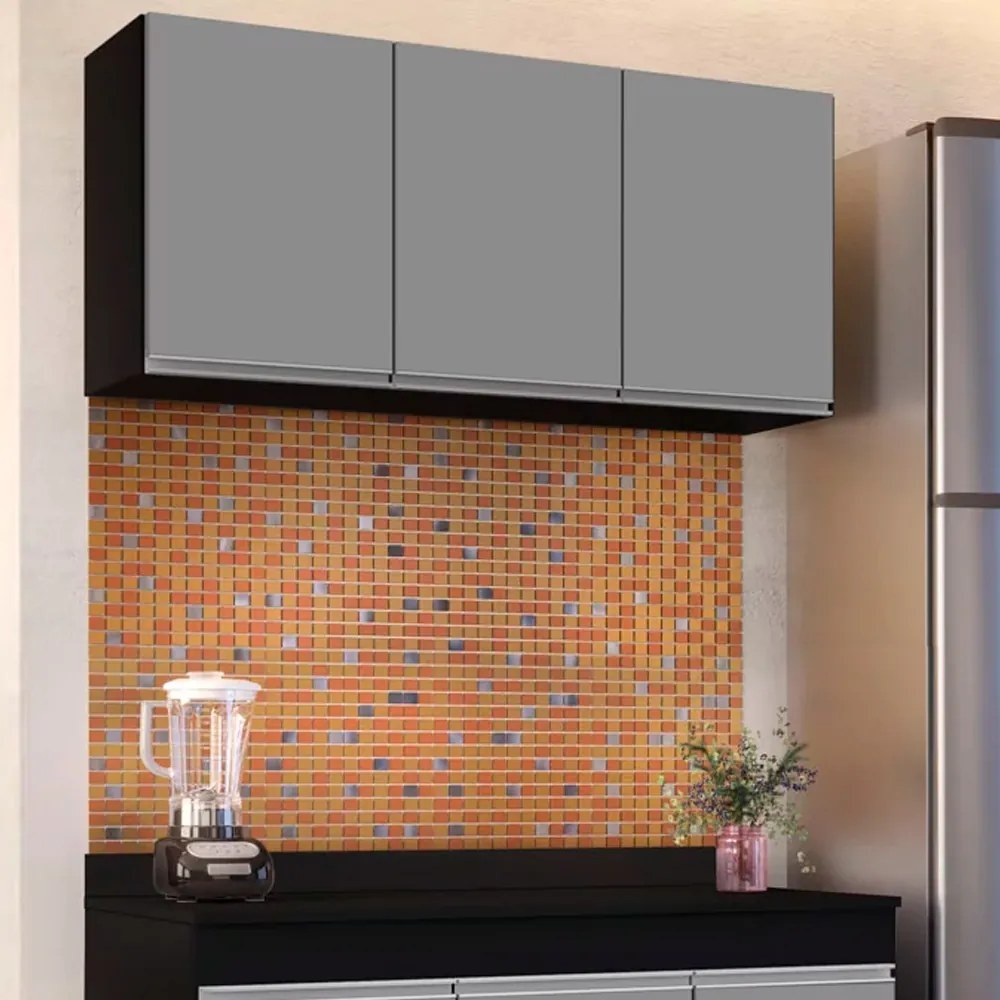Kit 2 Armários Aéreo de Cozinha Lavanderia 03 Portas Tina 120 cm - D'Rossi - Preto e Cinza