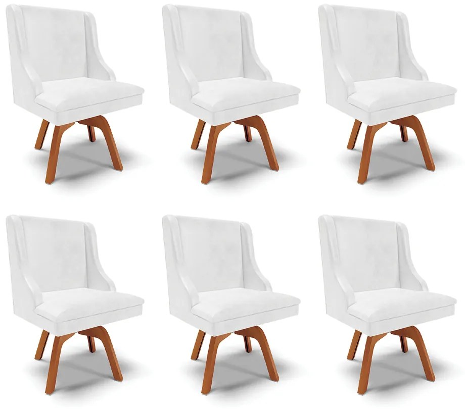 Kit 6 Cadeiras Decorativas Sala de Jantar Base Giratória de Madeira Firenze PU Branco Brilho/Natural G19 - Gran Belo