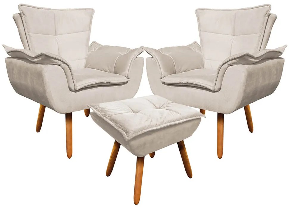 02 Poltronas e 01 Puff Pé Palito de Madeira Opala Suede - Bege