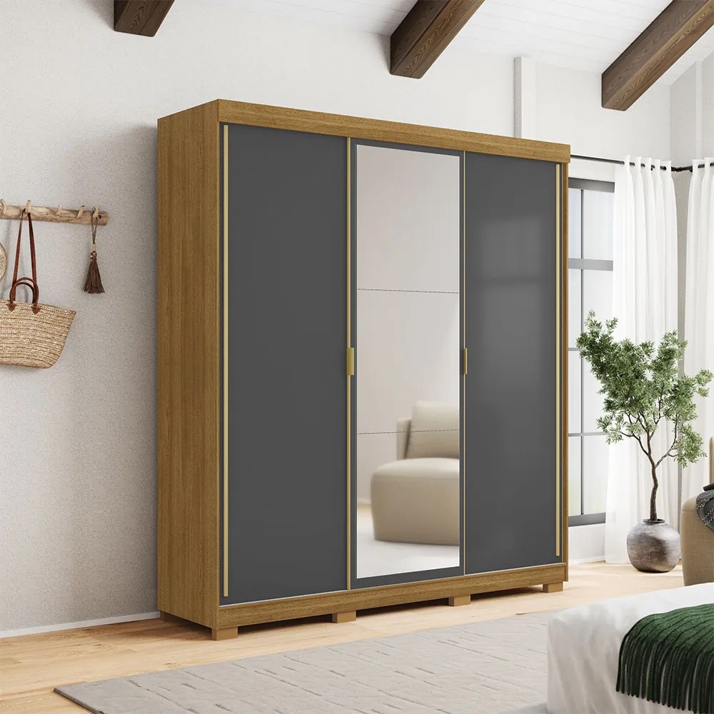 Guarda Roupa Casal Heros 3 Portas de Correr Dupla Face com Espelho MDF Nature/Chumbo G98 - Gran Belo