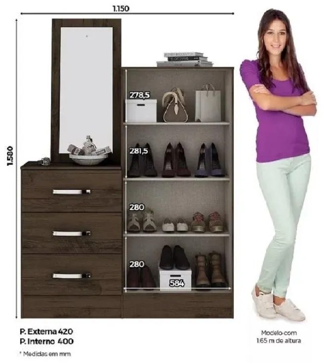 Cômoda para Quarto Balcão Multiuso 3 Gavetas 2 Portas Café