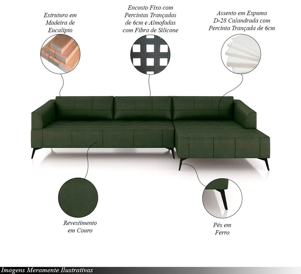 Sofá Bipartido Sala de Estar Kiara 332cm Chaise Direito Pés de Ferro Couro Verde Manchado G52 - Gran Belo