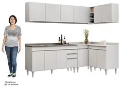 Armário de Cozinha Modulado de Canto 6 Peças CP33 com Pia Inox Branco
