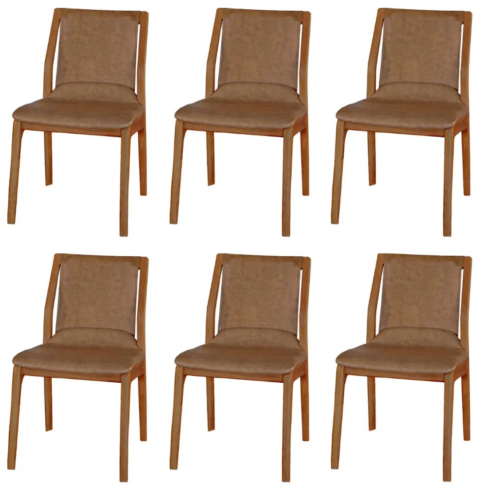 Kit 6 Cadeiras Decorativas Sala de Jantar Madeira Maciça Bruyne PU Sintético Marrom G13 - Gran Belo