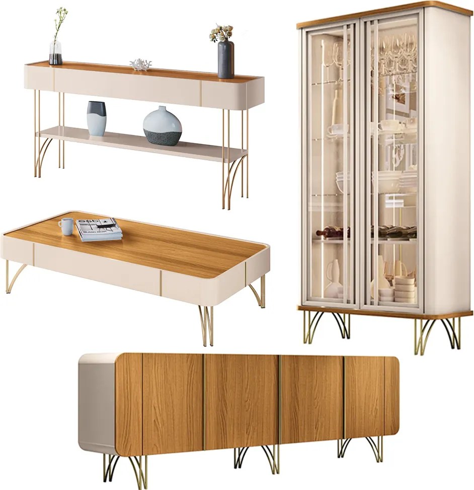 Conjunto 1 Cristaleira 1 Buffet 1 Mesa de Centro e 1 Aparador Texas/Virginia/Rennes Off White/Cinamomo G26 - Gran Belo