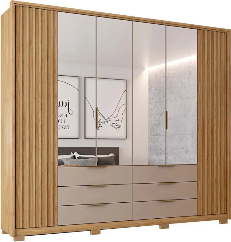 Guarda Roupa Essence Casal Ripado 6 Portas de bater com 4 Espelhos e 6 Gavetas MDP Buriti/Fendi G11 - Gran Belo
