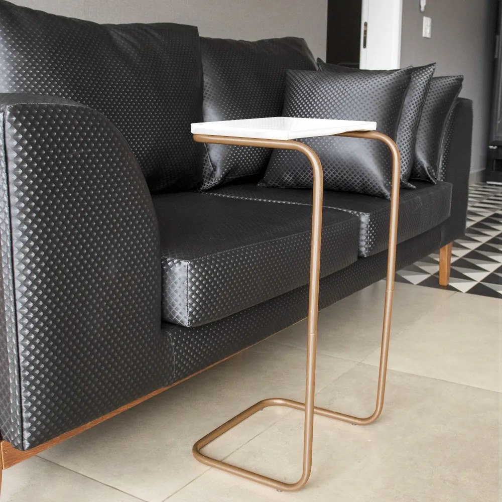 Mesa Lateral Tampo Multiuso Para Sofá Base Dourado - D'Rossi - Branco