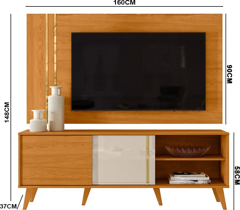 Painel TV 60 Pol 160cm com Rack Bancada para Sala Hylon M20 - D'Rossi - Cinamomo e Off White