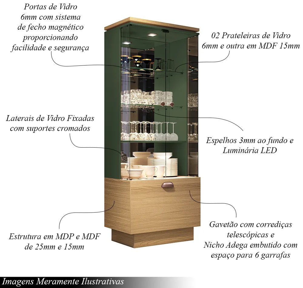 Conjunto Decorativo Cristaleira e Buffet Aparador Peggy/Noeli Freijó/Verde Pistache G26 - Gran Belo