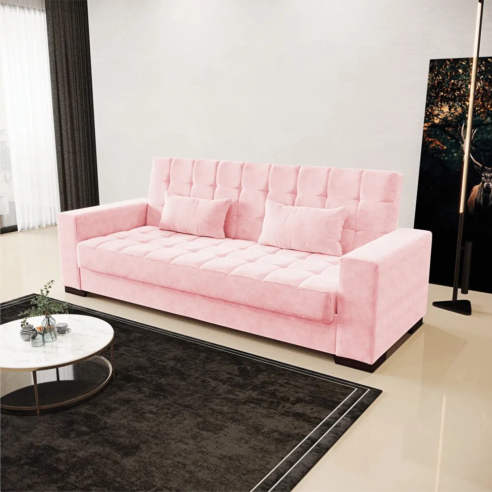 Sofá Cama Casal 3 Lugares 210cm Lisboa Suede Rosa Bebê  D03 - D'Rossi