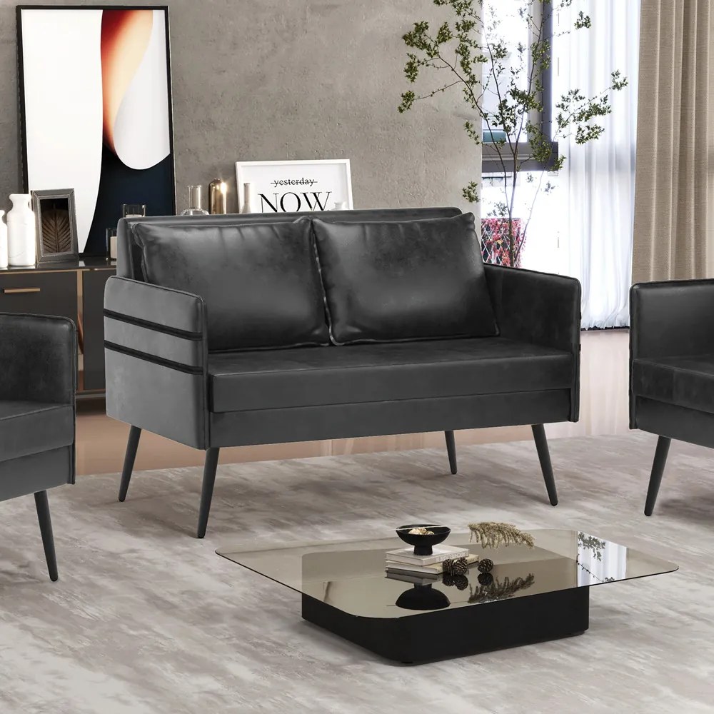 Namoradeira 02 Lugares Mari Corano Preto Pés Palito de Ferro - D'Rossi