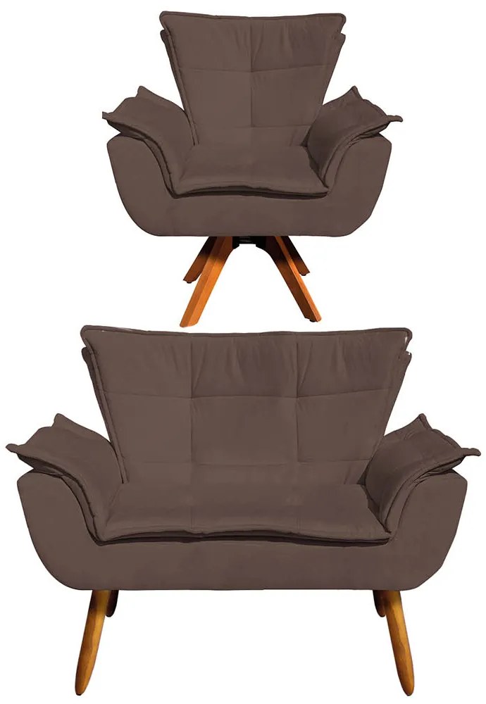 Sofá Namoradeira e Poltrona Giratória MM30 Opala Suede D03 - D'Rossi - Marrom