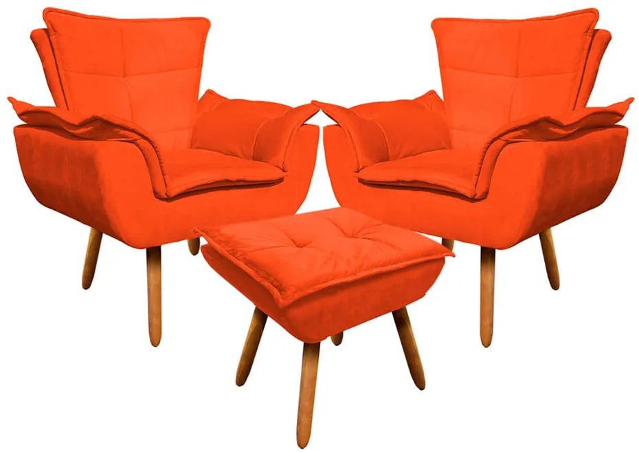 02 Poltronas e 01 Puff Pé Palito de Madeira Opala Suede - Laranja