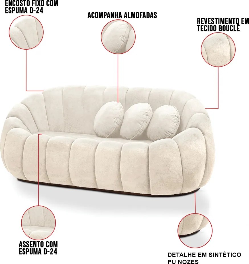 Sofá 2 Lugares com Puff e Poltrona Orgânica Fixa Cloud Bouclê E03 - D'Rossi - Bege