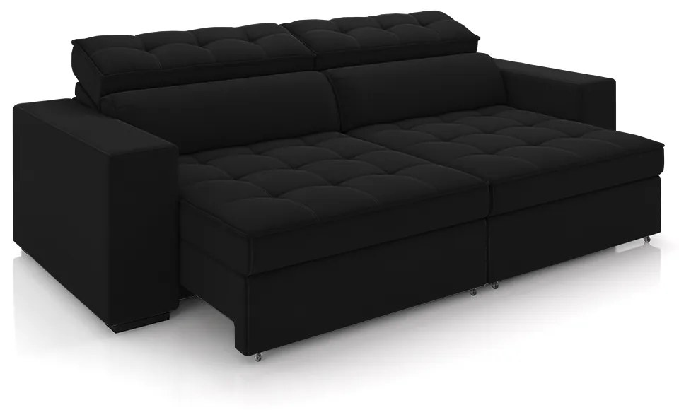 Sofá Decorativo Hugo 2 Lugares 246cm Reclinável e Retrátil Veludo Preto G45 - Gran Belo