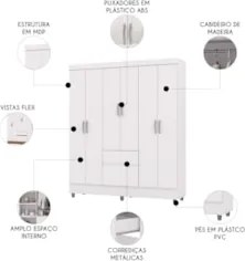 Guarda Roupa Solteiro 154cm Com 6 Portas Mayra Branco Flex V02 - Mpoze