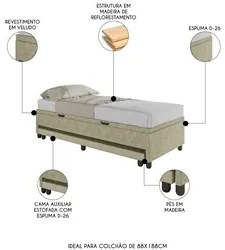 Bicama Box Baú Solteiro 88x188 cm Samy S05 Veludo Bege - Mpozenato