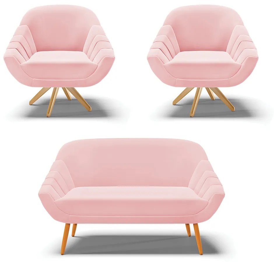 Kit 01 Namoradeira 02 Lugares e 02 Poltronas Giratória Giovana Suede Rosa Bebê Base Madeira MA30 - D'Rossi