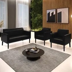 Sofá Namoradeira e 2 Poltronas Base Madeira Preto Maressa Sintético PU
