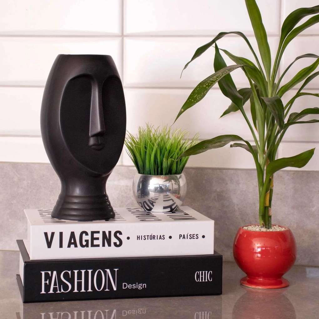 Vaso Decorativo Rosto em Cerâmica Preto 23,5x11 cm - D'Rossi