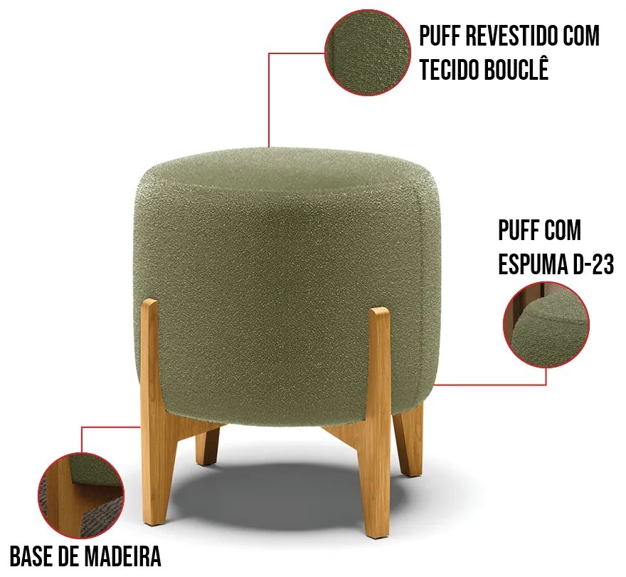 Poltrona e Puff Decorativo Base Madeira Stella PU Preto/Bouclê D03 - D'Rossi - Pistache