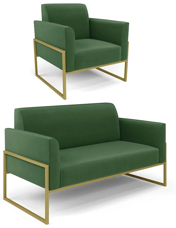Sofá Namoradeira com Poltrona Base Industrial Alta Dourado Marisa Suede Verde D03 - D'Rossi