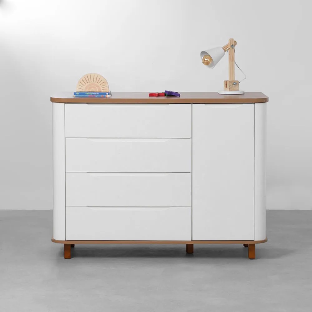 Cômoda Curva Nina 4 Gavetas e 1 Porta - Branco e Cinamomo