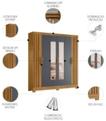 Guarda Roupa Casal 195cm Espelho Ripado Arlon Z17 Freijó/Cinza - Mpoze