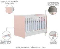 Berço Americano Mini Cama Com Rodízios Charme Z49 Branco/Rosa - Mpozen