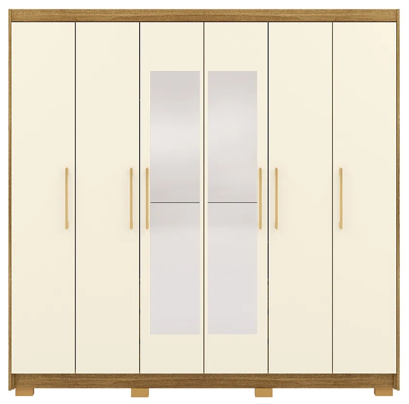 Guarda Roupa Casal Forest 6 Portas 2 com Espelhos Bater 6 Gavetas com Cabideiros MDF Nature/OffWhite G98 Gran Belo