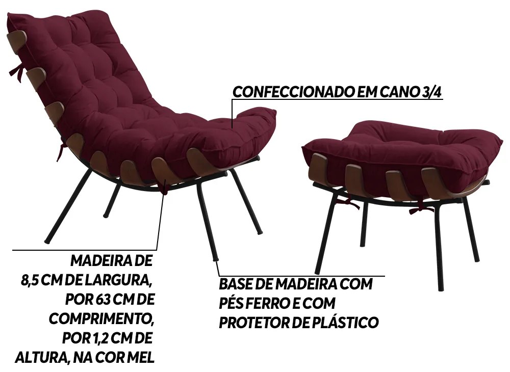 Conjunto Decorativo Poltrona e Puff Abel Base de Madeira Preto Suede Bordô G41 - Gran Belo