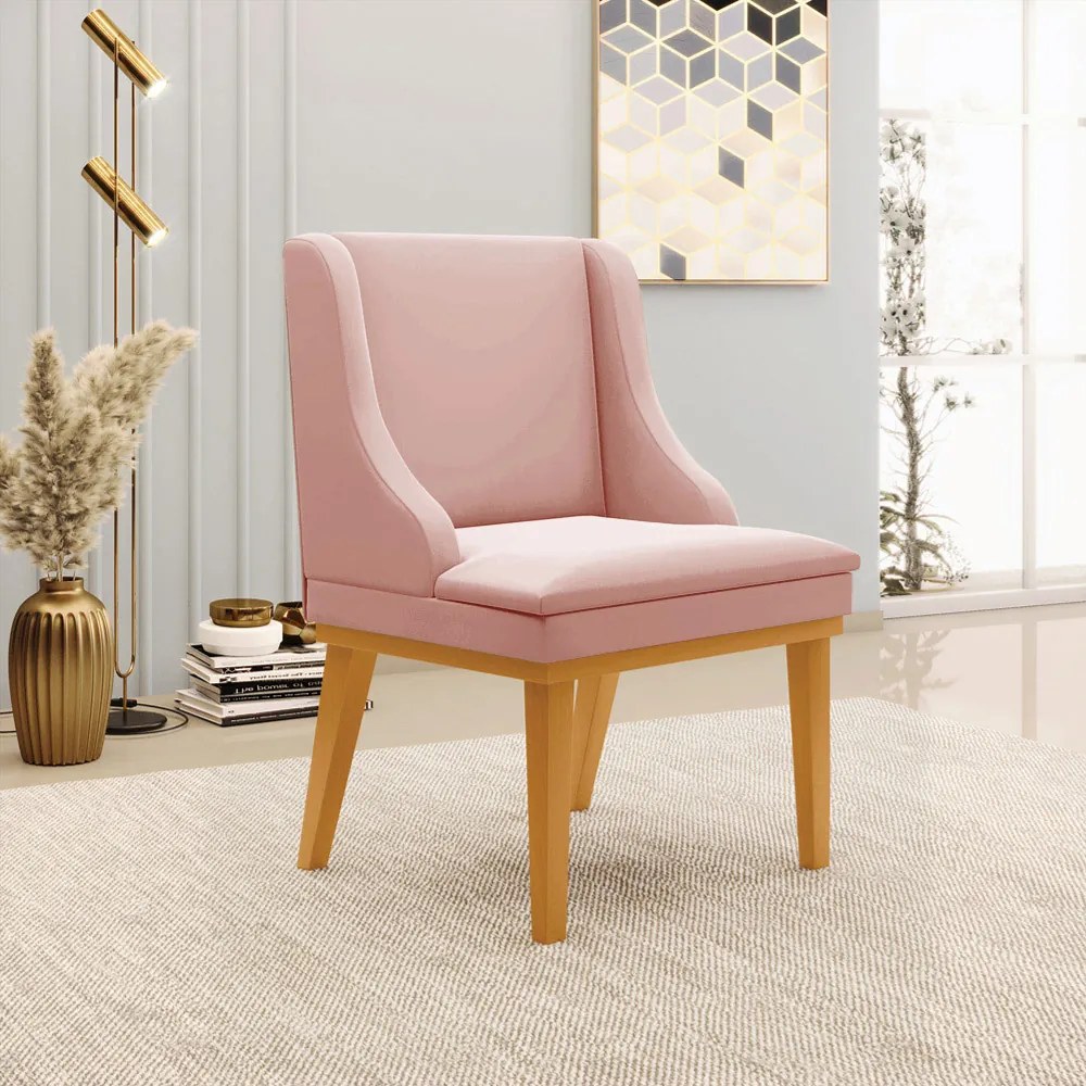 Poltrona Decorativa Base Fixa de Madeira Firenze Veludo Rose/Castanho G19 - Gran Belo