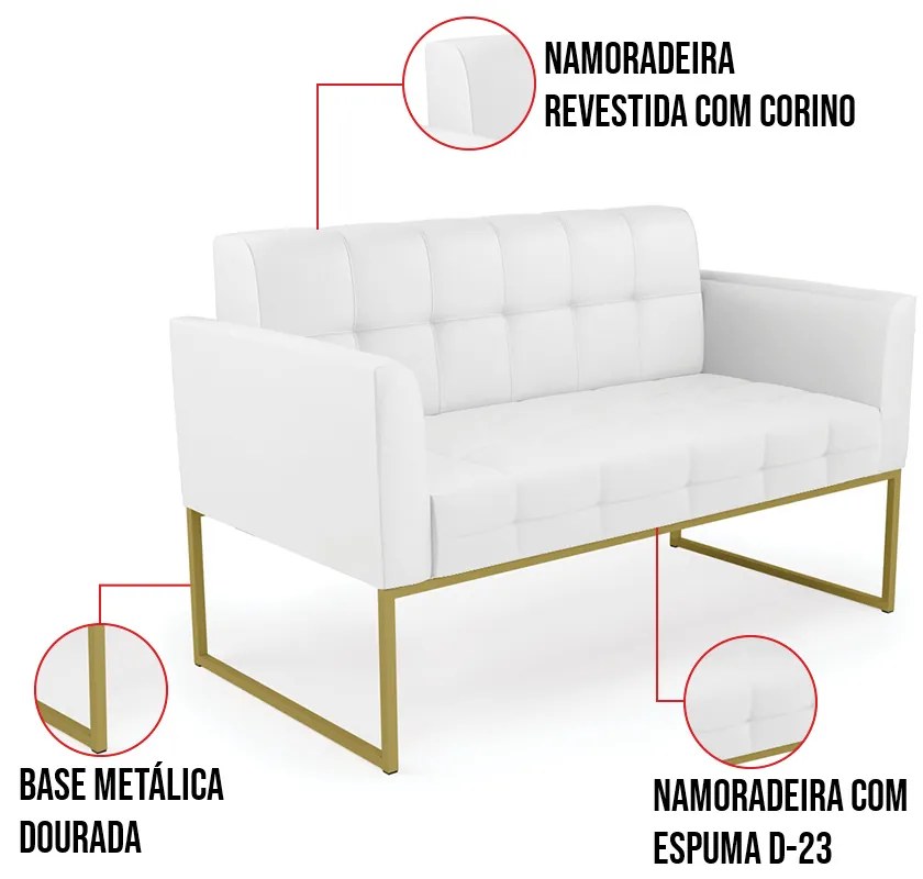 Kit 1 Sofá Namoradeira e 2 Poltronas Elisa Corino Base Metálica Industrial Dourado D03 - D'Rossi - Branco