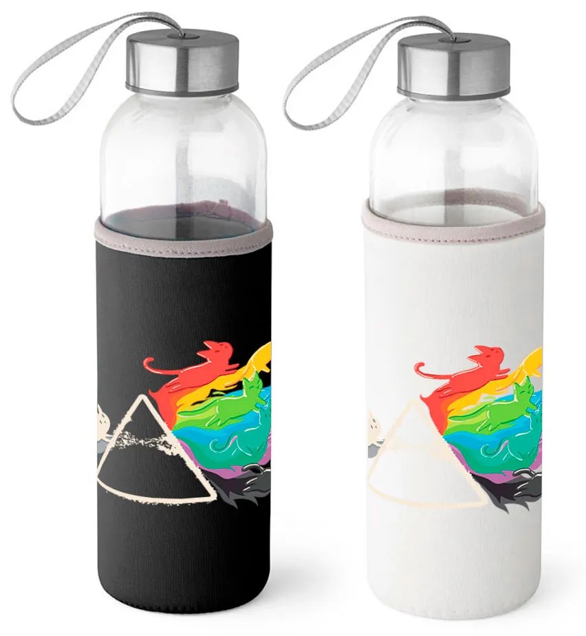 Garrafa Squeeze De Vidro Com Tampa Inox Com Capa Gato Prisma - Branco