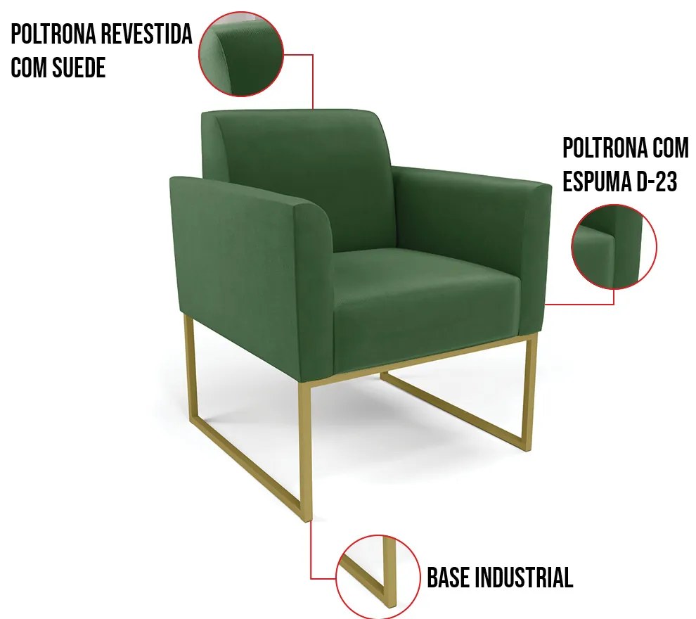 Kit 2 Poltronas Base Industrial Dourado Marisa Suede - Verde