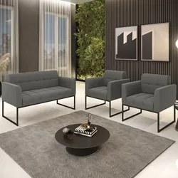 Sofá Namoradeira e 2 Poltronas Base Industrial Preto Ana Suede Grafite