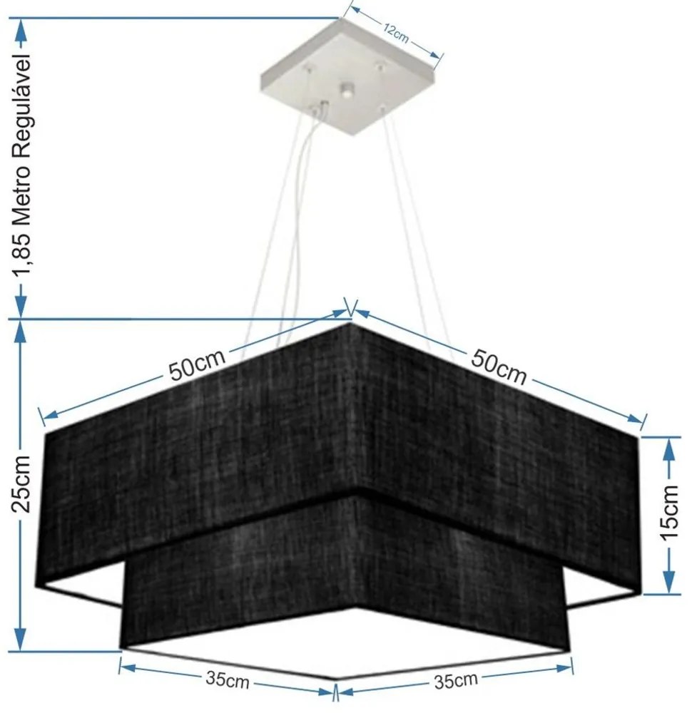 Lustre Pendente Duplo Quadrado Vivare Md-4066 Cúpula em Tecido 50x35cm Preto - Bivolt