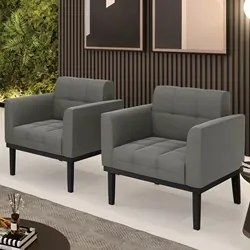 Poltrona Base Madeira Preto Kit 2 Ana Suede Grafite - Ibiza