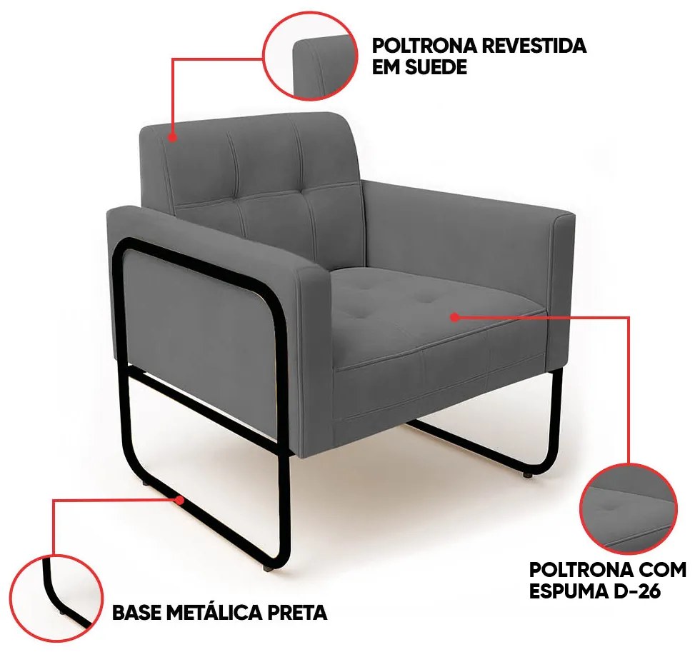 Poltrona Sala Industrial Alta Tubo Preto Elisa Suede D03 - D'Rossi - Grafite